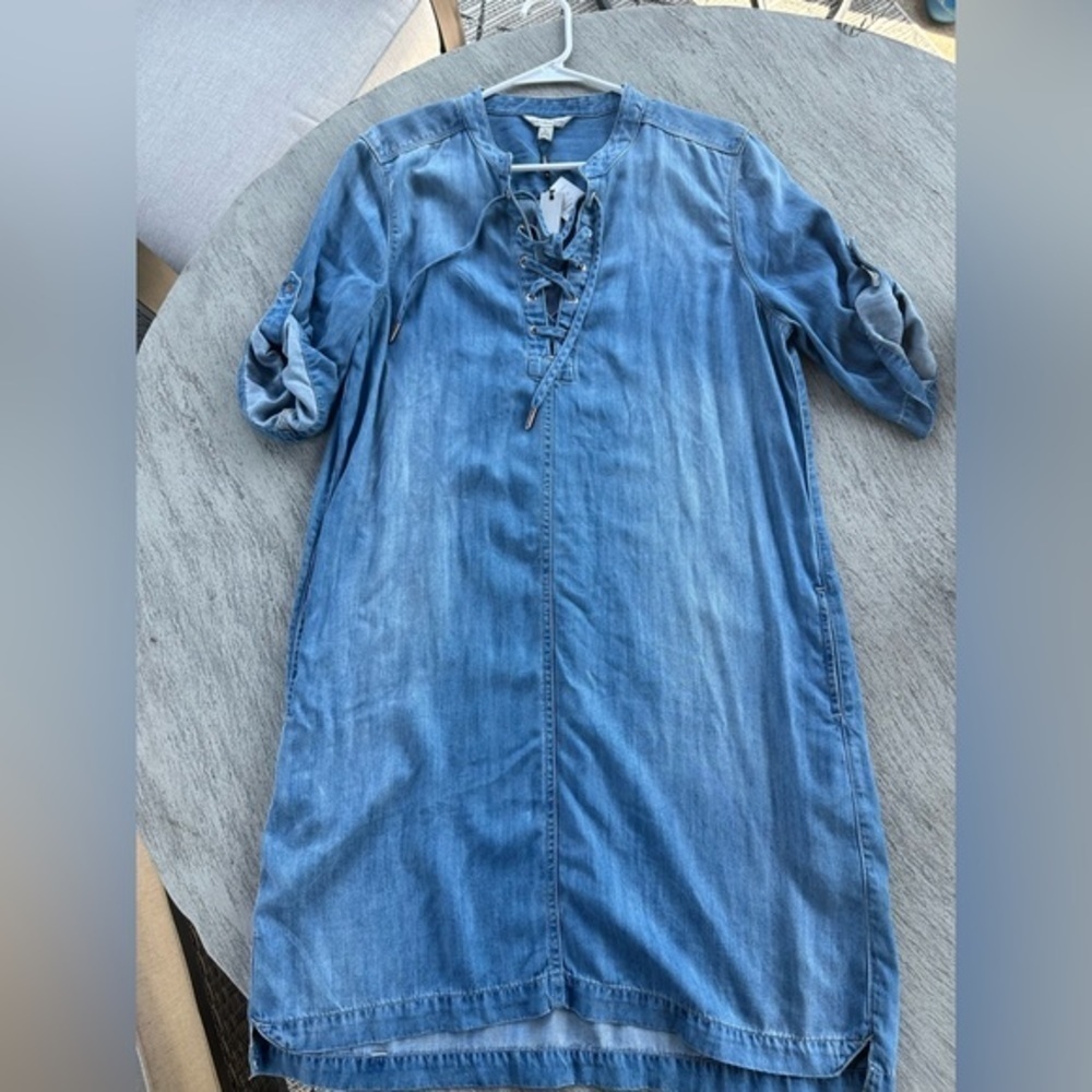Calvin Klein Brand Short Sleeved Jean Dress with Lace Up Detail Size Large - Picture 4 of 7
